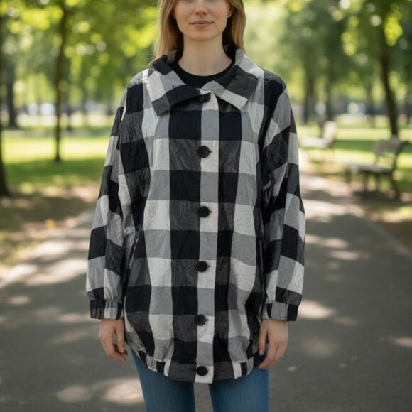 Alembika Black Checkered Gray Button Up Crinkle White Lightweight Jacket - Picture 2 of 11